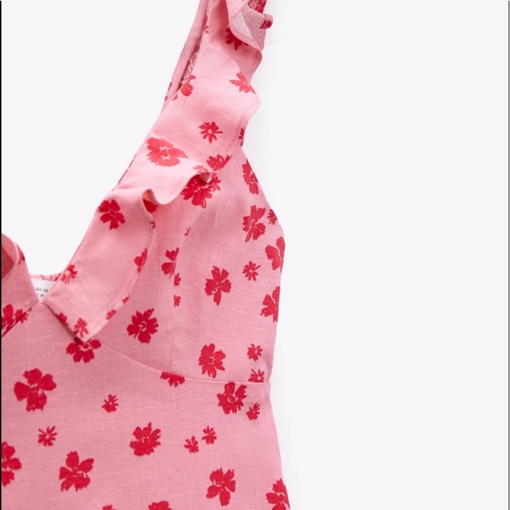 Zara Floral Print RUFFLED MINI LINEN V-NECK DRESS PINK/RED NEW - Picture 9 of 9